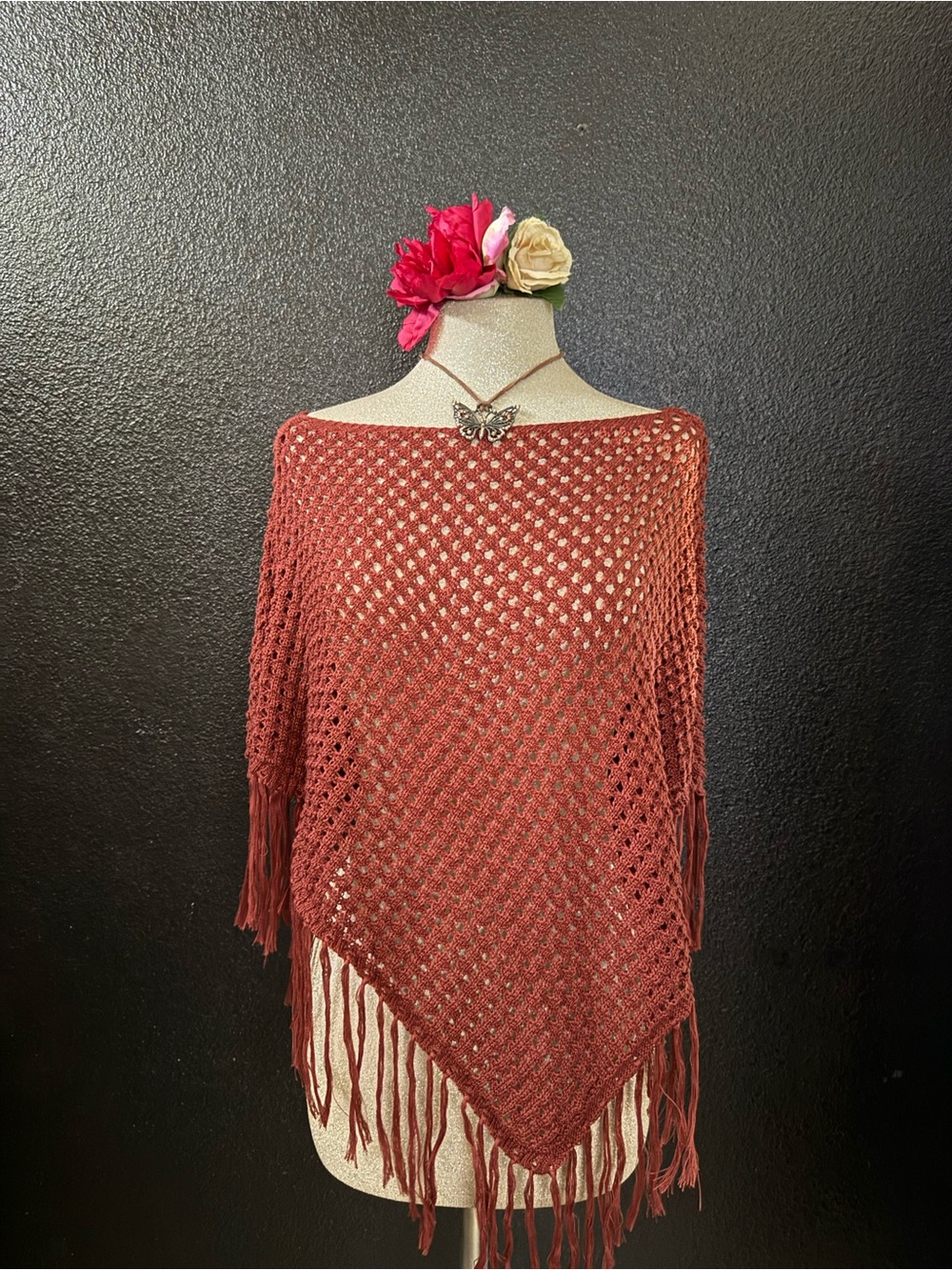 Boho Open Knit Fringe Sweater Poncho - Rust